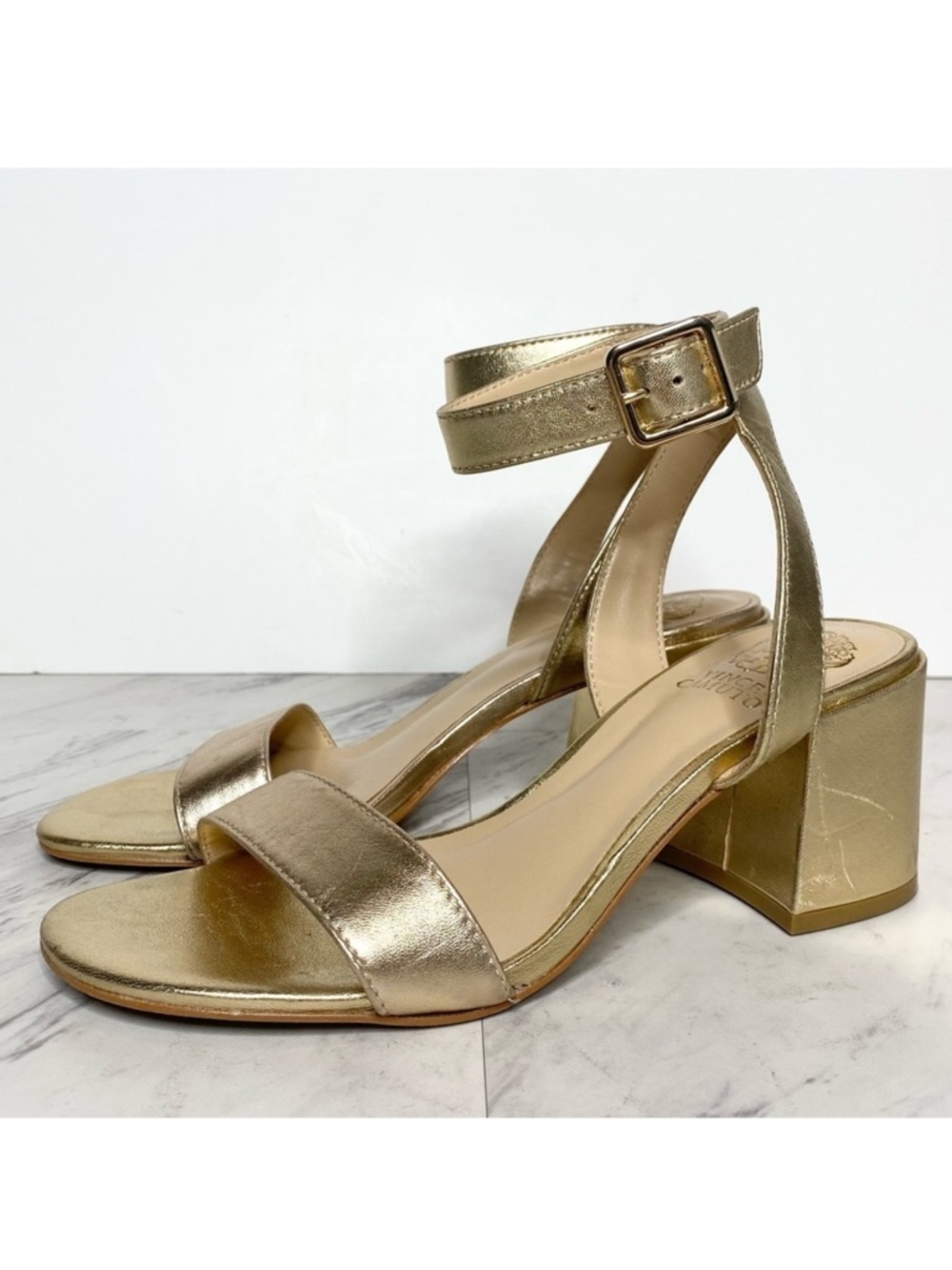 Vince Camuto Gidgena Gold Leather Heeled Sandal 7M
